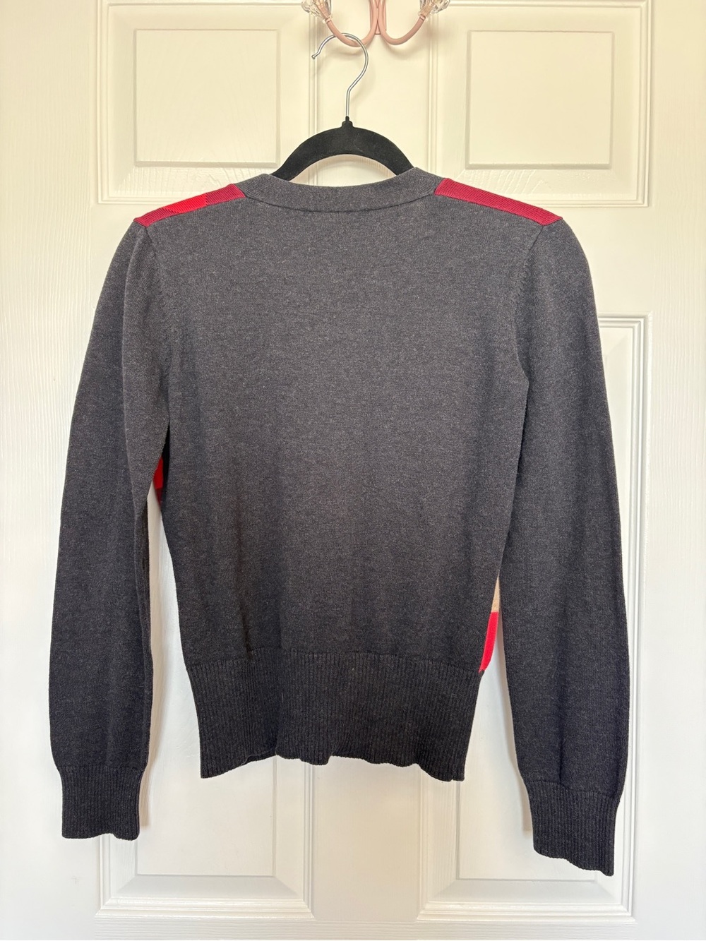 CAbi Geometric Colorblock Cardigan - Charcoal, Red, Pink, Orange, Tan - Picture 4 of 5